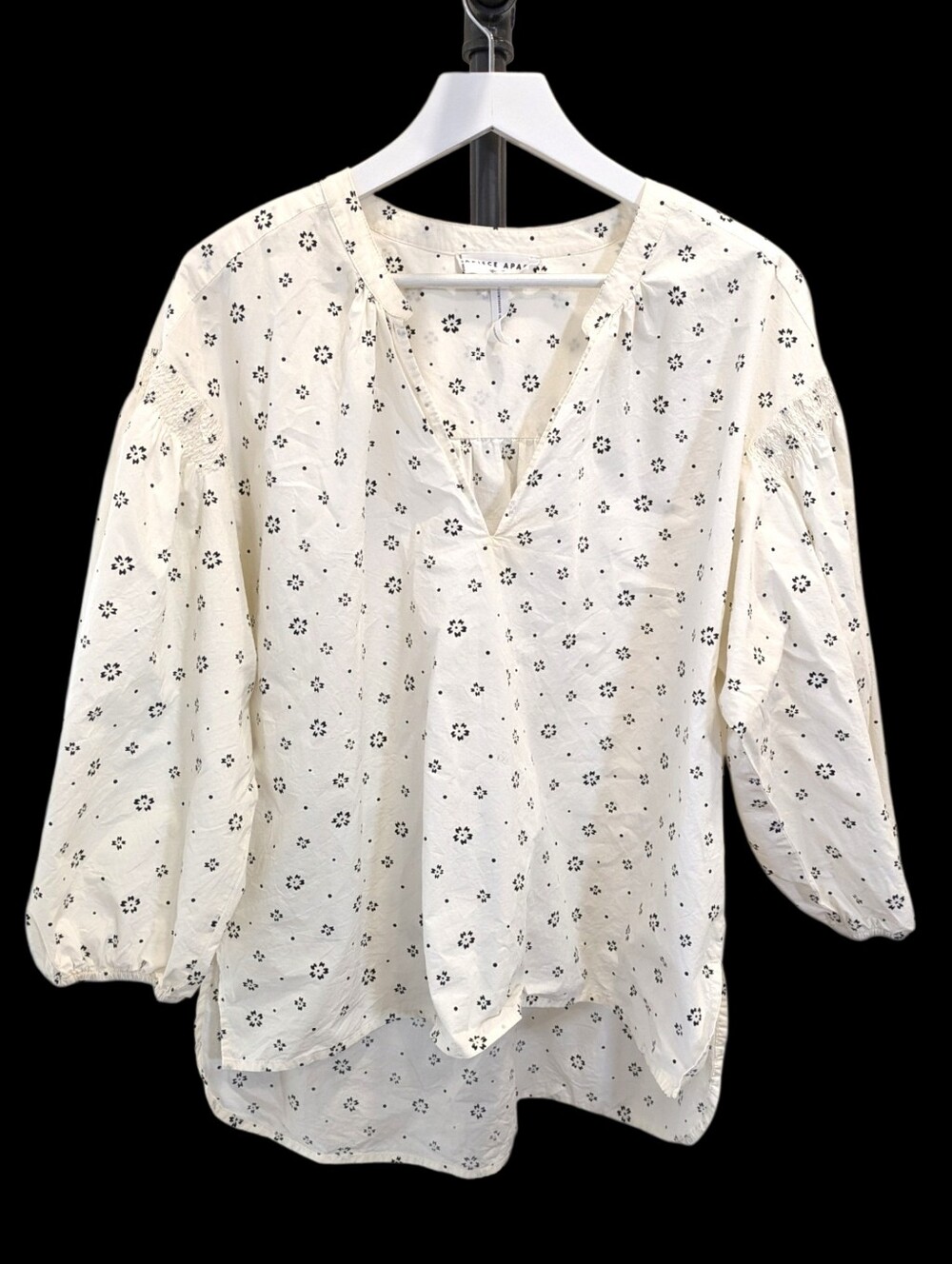 Apiece Apart Marit Blouse XL Organic Cotton Poplin Floral Shirred Relaxed V Neck